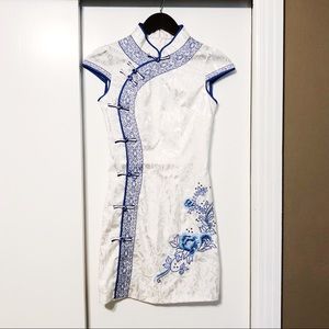 Traditional Chinese White + Blue Embroidered Qipao
